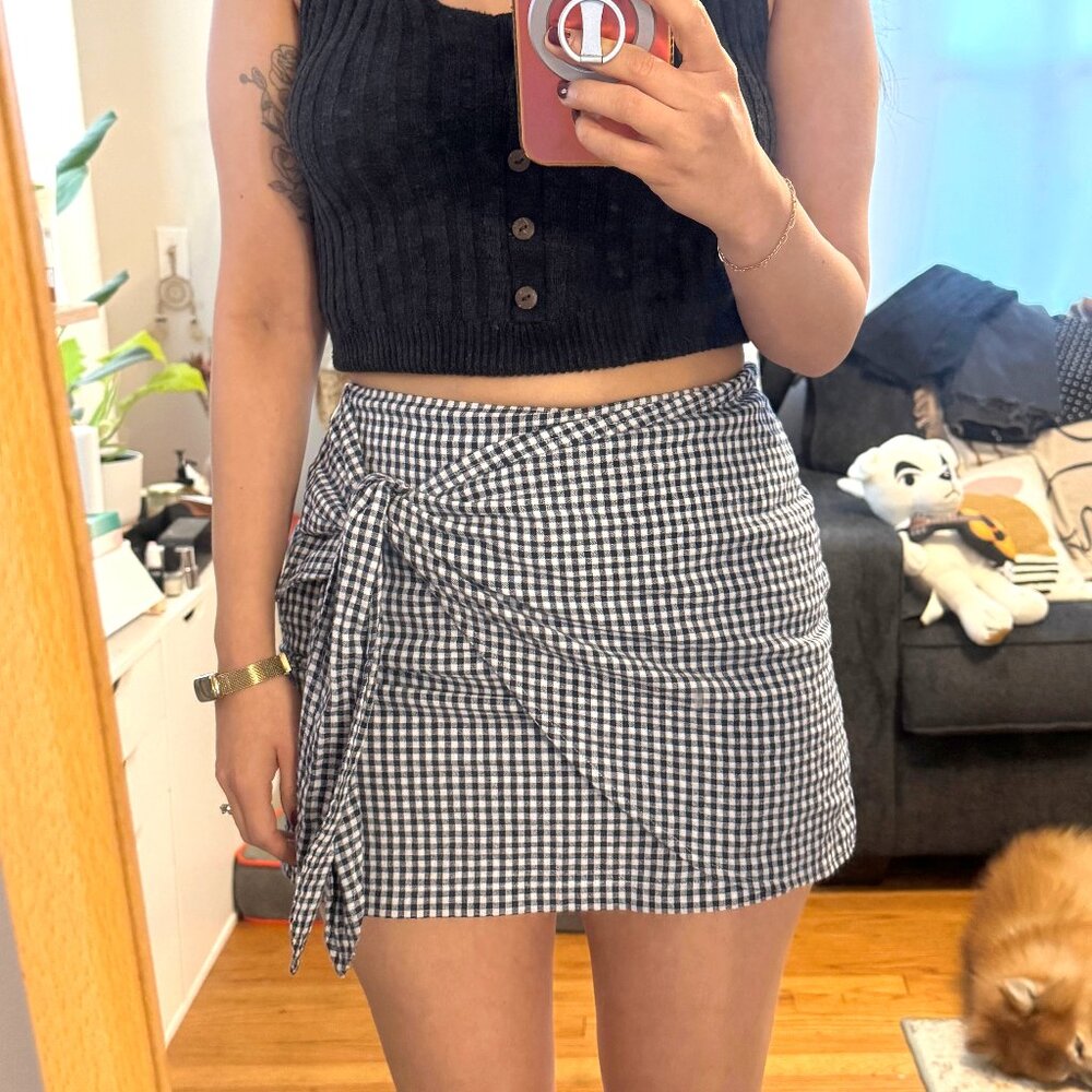 100% Cotton Navy Gingham Wrap Mini Skirt